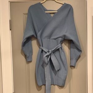 Blue ribbed Wrap Top Long sleeve Sweater Dress Removable belt Jess Crum Small